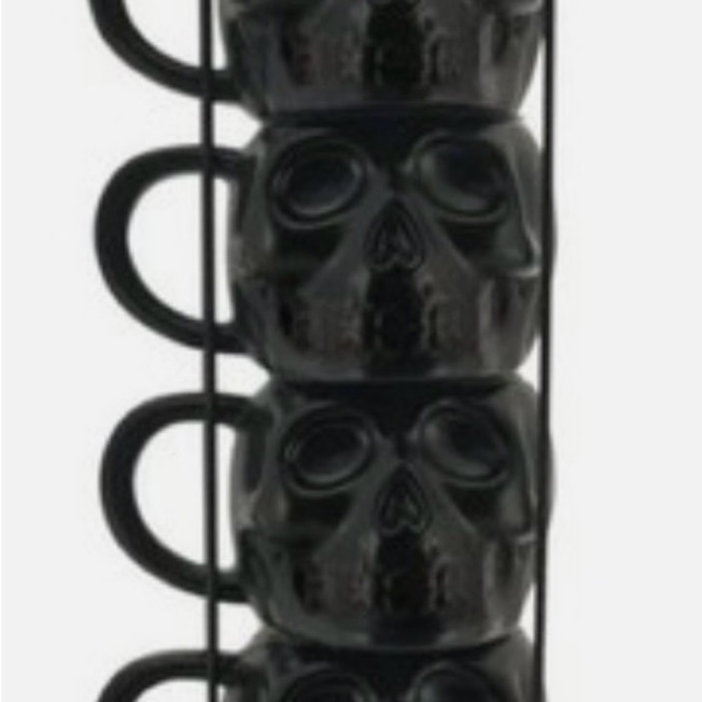 Black Skull Mug Set with Rack - Decorative Holiday Drinkware